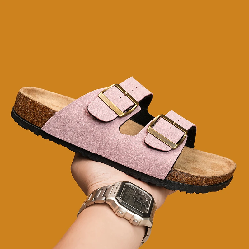 Ladies Cork Slippers With Double Buckle Adjustable Two Straps Suede Leather Clogs Comfort Footbed Slip On Flat Sandals Women view 6