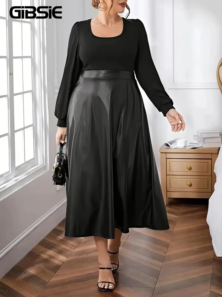 

GIBSIE Plus Size Black Scoop Neck Leather Dress Women 2024 Autumn And Winter Lantern Sleeve Office Ladies Vintage Long Dresses