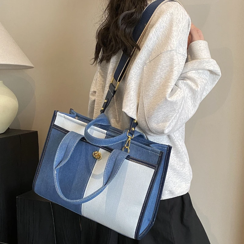 2024 New Fashionable Contrast Color Crossbody Tote Bag Spliced Denim Handbag Women\'s One Shoulder Commuter Casual Crossbody Bag