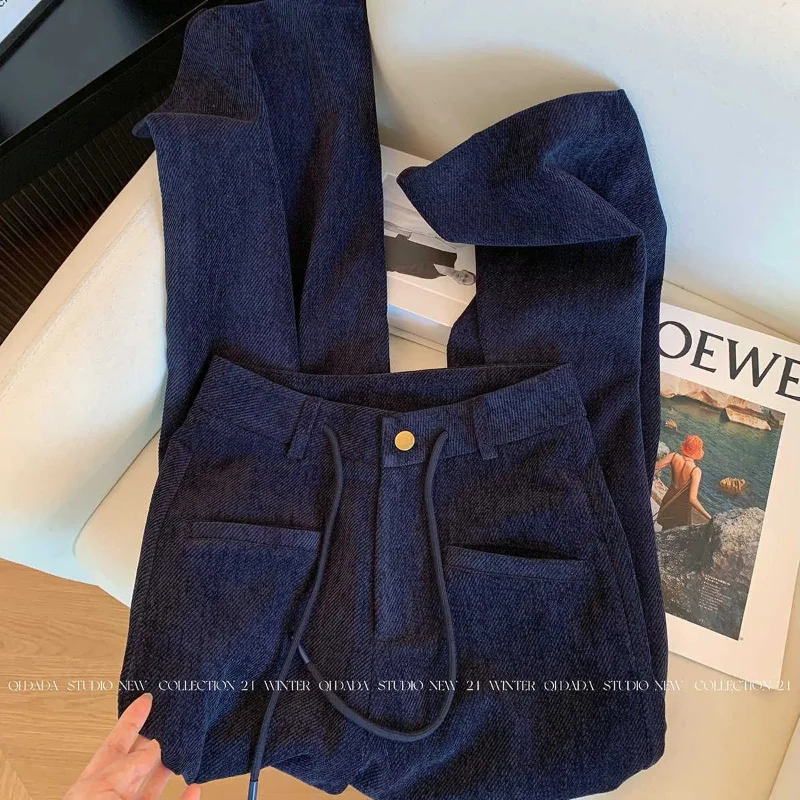 الأزرق الداكن عارضة واسعة الساق السراويل النساء في ربيع الخريف تصميم جديد الرباط عالية الخصر التخسيس مستقيم الطابق السراويل