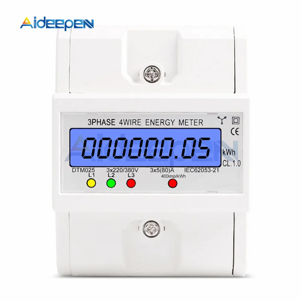 3 Phase 4 Wire Energy Meter 220/380V 5-80A Energy Consumption kWh Meter DIN Rail Installation Digital Electric Power Meter