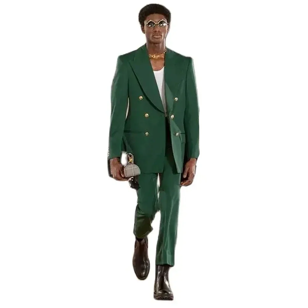 

Double Breasted Green Loose Men's Suits Peaked Lapel Plus Size 2 Piece Jacket Pants Chic Terno Costume Luxury Outfit Ropa Hombre
