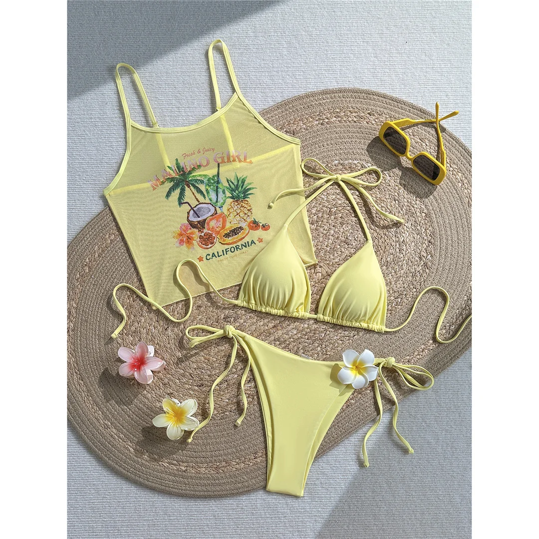 Neuer bedruckter Bikini mit Weste und Neckholder, Damen-Badeanzug, dreiteiliges Bikini-Set, gepolsterter Badeanzug, Badebekleidung, Schwimmanzug V8309 – Detail 11