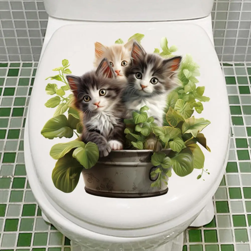 Decorative Toilet Sticker Easy to Apply Toilet Sticker Elegant Green Plant Cat Pattern Toilet Lid Sticker Charming Wall for Home