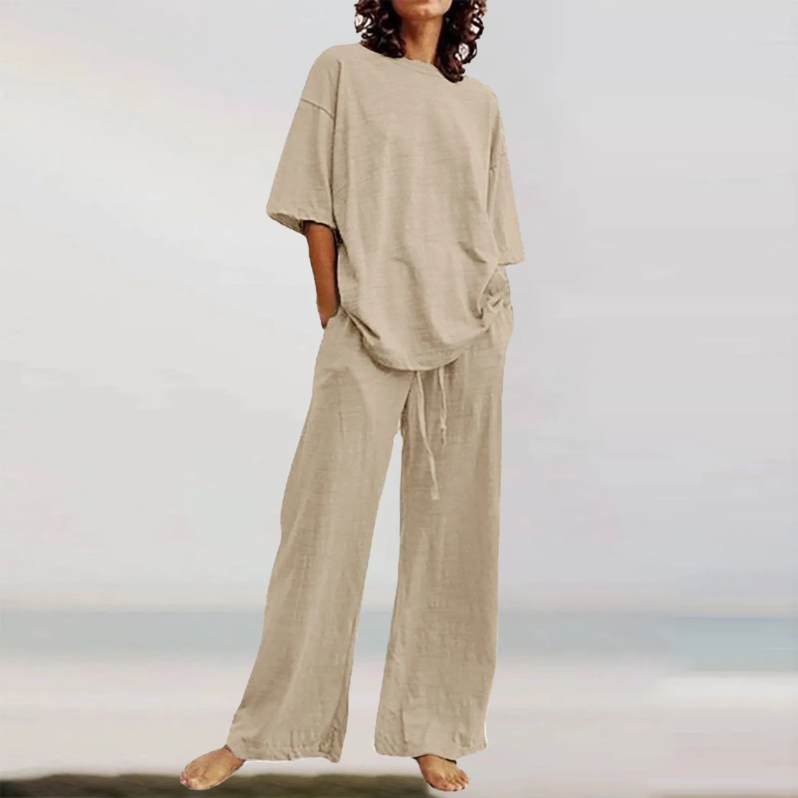 

2024 Summer Women T-Shirts And Pants Set Solid Color Loose Imitation Cotton Linen Short Sleeve O-Neck Tops+Wide Leg Trouser Suit