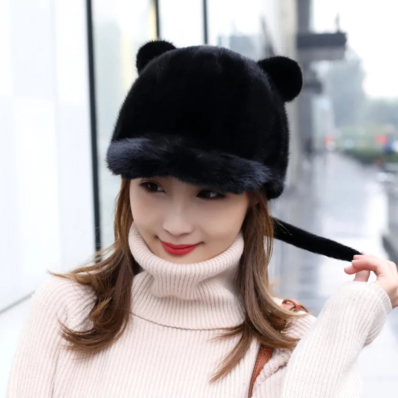 Genuine Mink Fur Hat Cute Cat\'s Ears Hat Black Small Tail Fur Hat Luxury Duck Tongue Caps Casual Ear Protection Baseball Hats