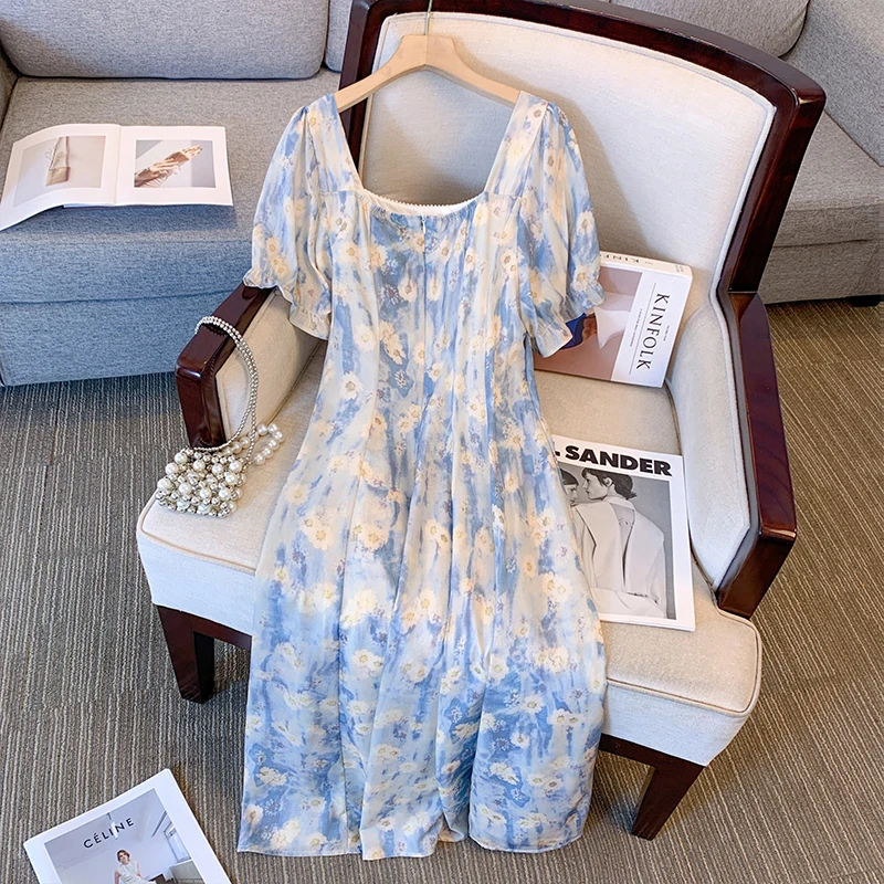 Plus size Women's Summer Fashion Dress Polyester Blue Floral Party dress Beaded Loose comfortable commuter dress