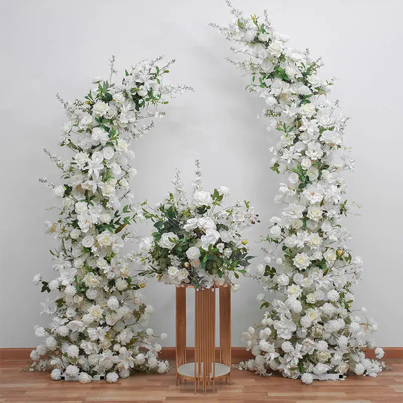 Custom series White Rose Green leaves artificial mixed flower corner arch outdoor wedding background decoration stage setting