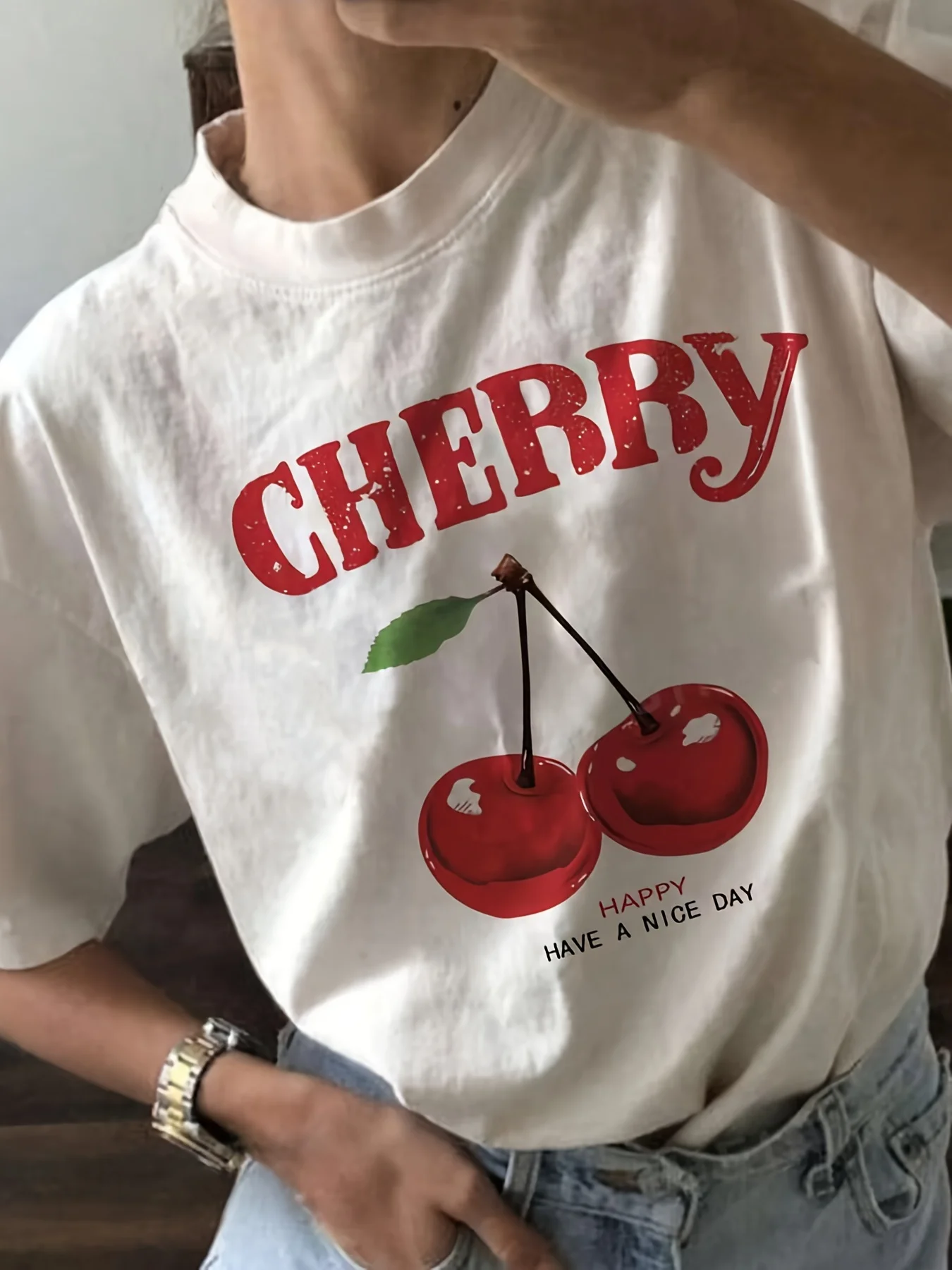 

Cherry and letter print ladies' fashion T-shirts casual ladies' T-shirts round neck summer everyday women's tops