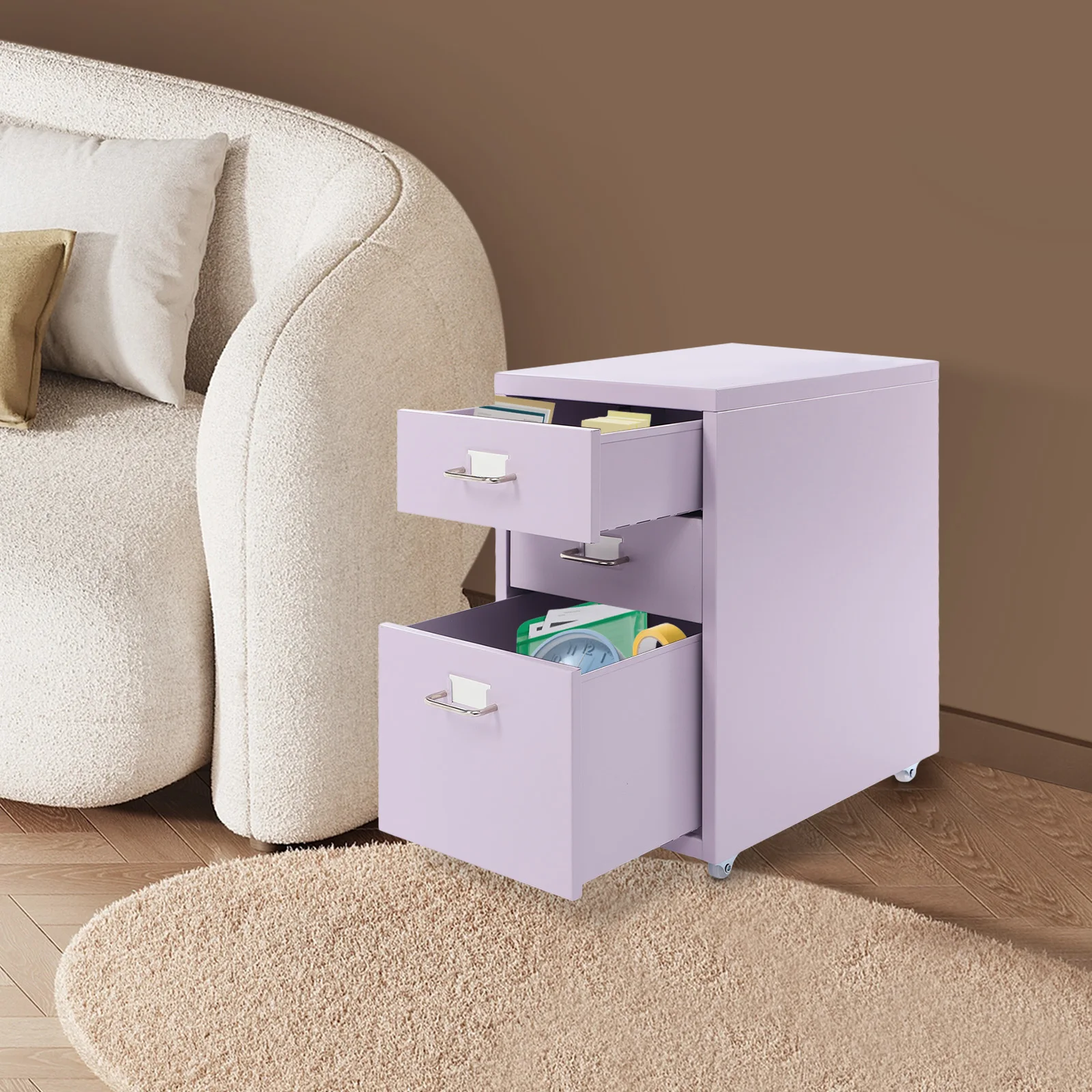 خزانة ملفات متنقلة، خزانة ملفات مع 3 أدراج، خزانة تخزين معدنية بعجلات باللون الأحمر والأرجواني للمكتب المنزلي