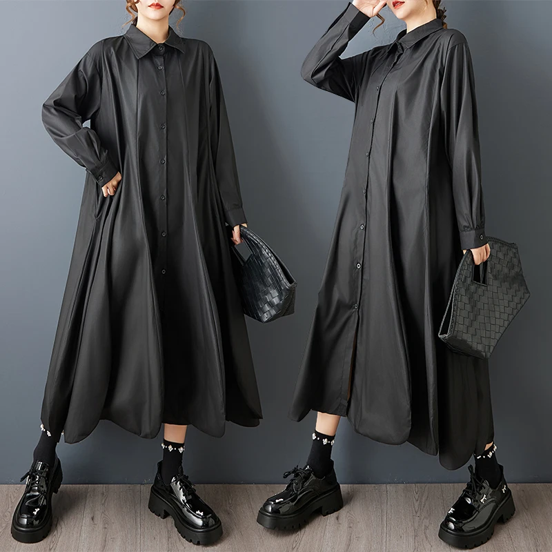 ゆったりとしたカジュアルなミディ丈ドレス、春の新作、スタイリッシュなデザインセンス、アシンメトリー、ピュアカラー、スリム効果のあるオーバーニー丈、レディースコットンワンピース