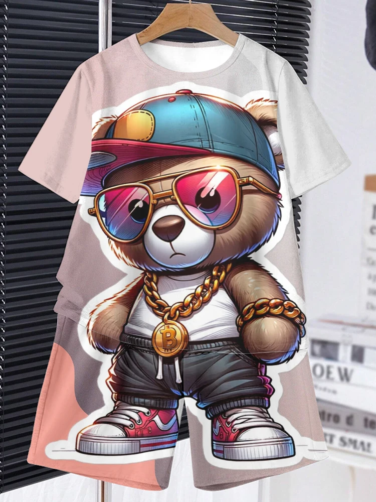 New Anime Trend Cool Street Bear Print Short Sleeve T-shirt Shorts Summer Men's Fashion Street Suit Anti-wrinkle Heat Insulation