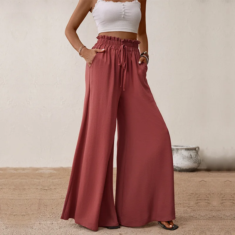 

Chic and Elegant Woman Pants High Waist Wide Leg Loose Pants Female Solid Red Fashion Casual Trousers Womens Summer Pants