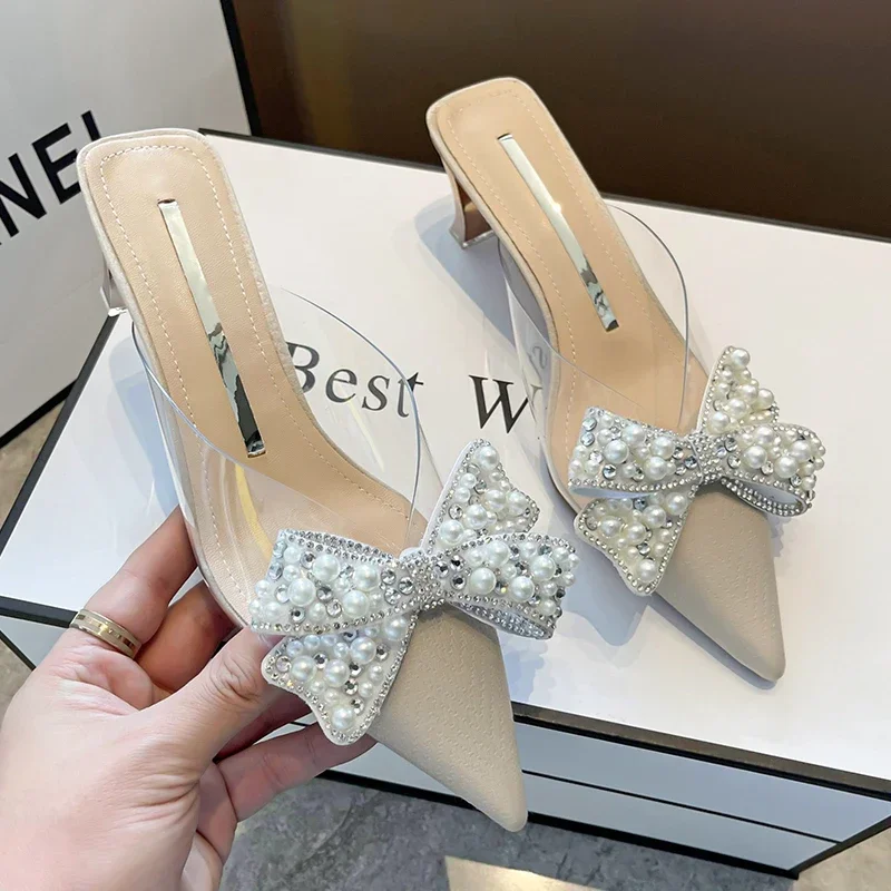 Sweet Shoes for Women Lovely Slippers Women Basic Slides Strange High Heels Solid Pointed Toe Butterfly-knot Summer Slippers