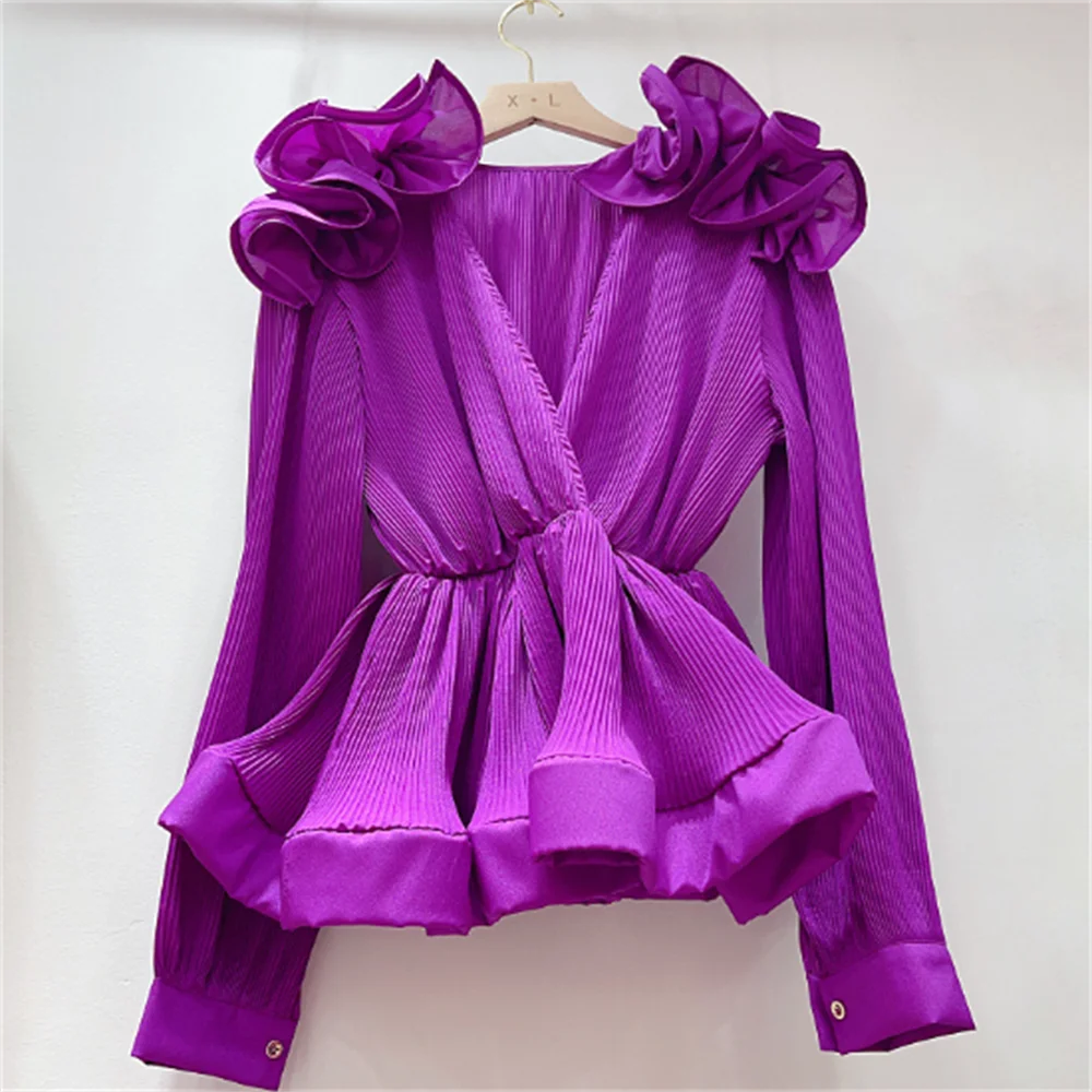 

New three-dimensional flower retro v-neck sexy pleated chiffon shirt pure color WOMEN