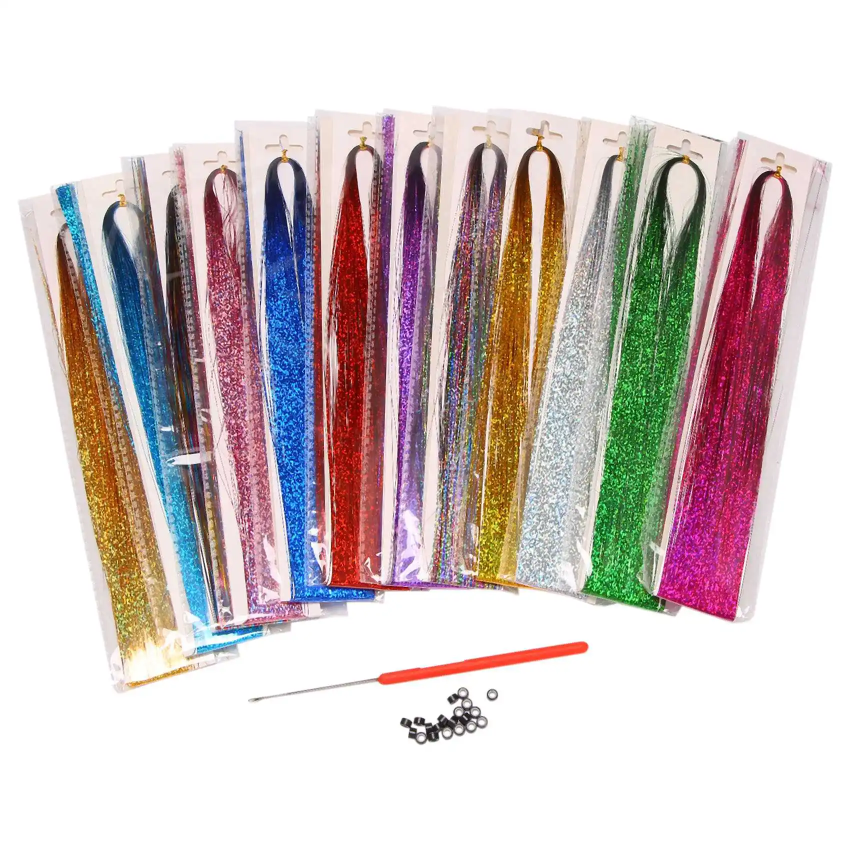 

Hair Tinsel Strands Kit, Tinsel Hair Extensions, Fairy Hair Tinsel Kit for Women Girls with Tools (12 Colors)