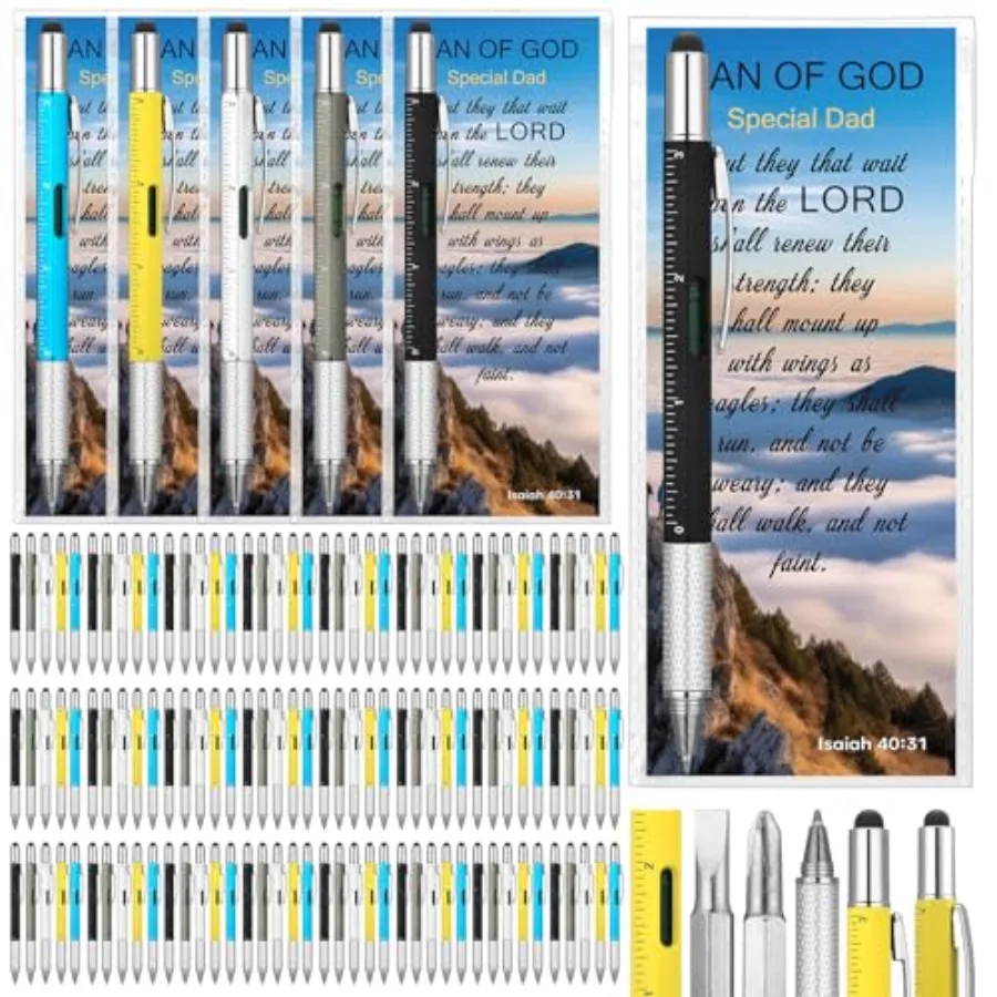 

Set Fathers Day Church Gifts Bulk Man of God 6 in 1 Multi Tool Pen with Religious Bible Verse Bookmarks Church Pastor Multi Too