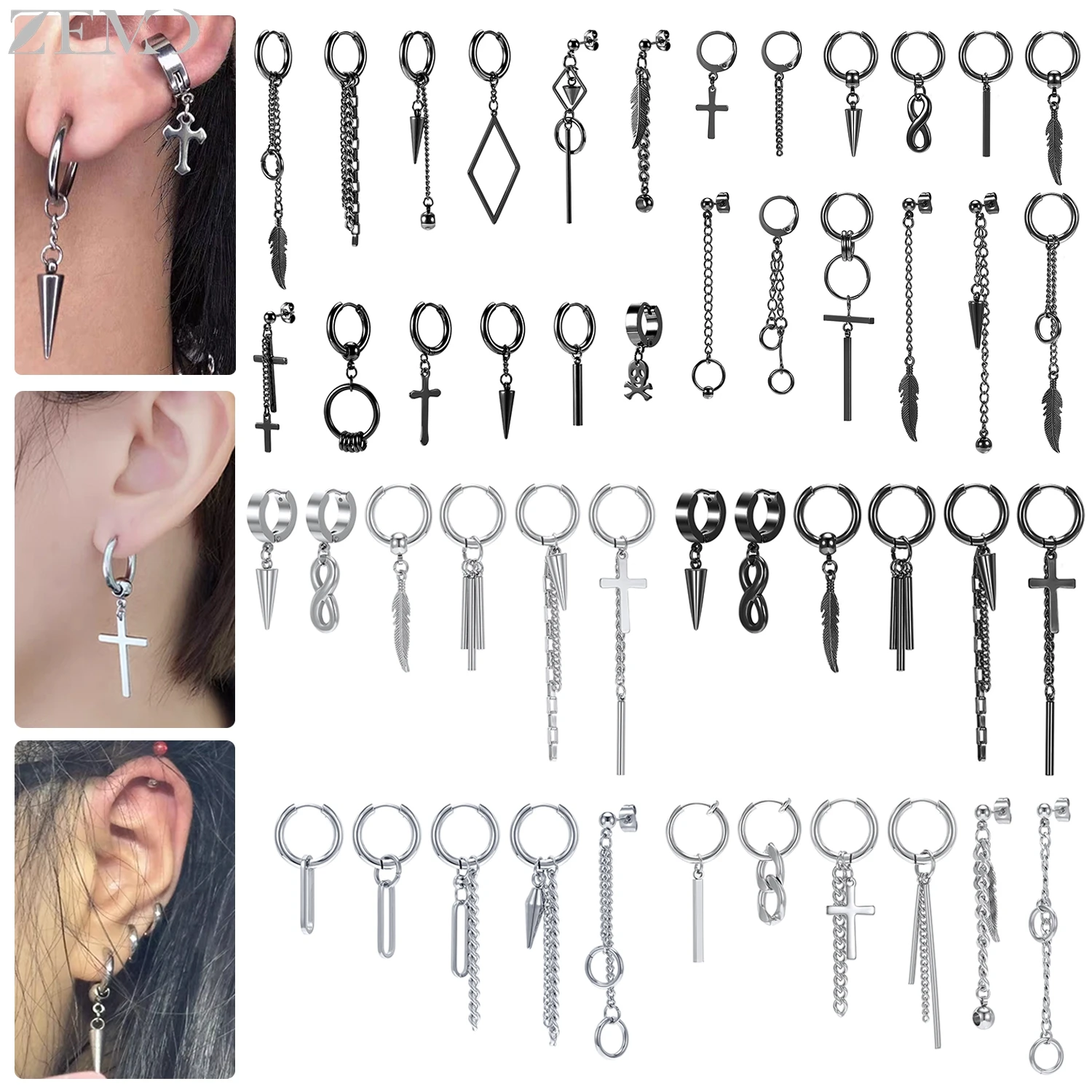

ZEMO 5-12pcs/lot Kpop Style Stainless Steel Drop Earrings Korean Long Tassel Pendant Earring Cross Circle Ear Piercings Jewelry