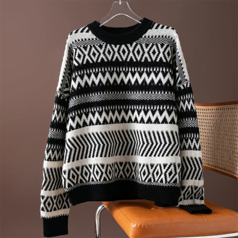 

Женский свитер из 100% натуральной шерсти, белый, черный, с бриллиантами, вязаный свободный пуловер с круглым вырезом и длинными рукавами, теплый осенне-зимний топ M1468