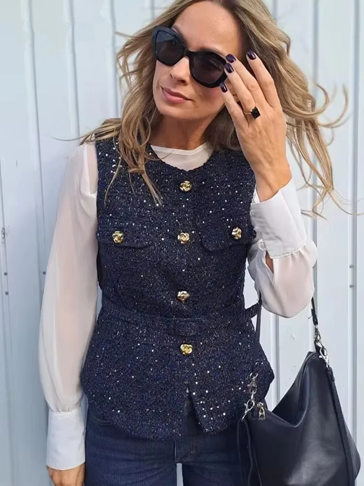 

Women's Tweed Waistcoat with Belt O Neck Sleeveless Front Button Jacket Coat Female Fashion Outerwear Sequin Chic Vest Tops