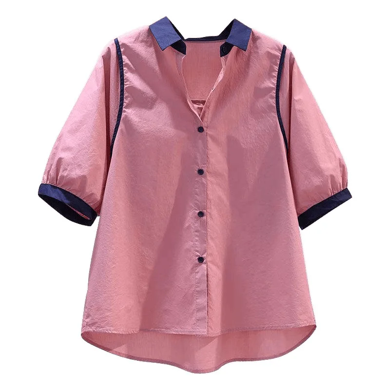 Short Sleeved Summer Hot Korean Version Socialite Loose Design Casual Versatile Patchwork Collar Shirt for Women
