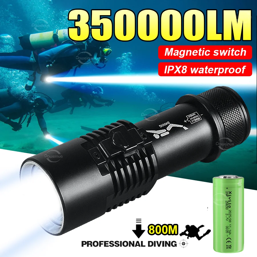 

Новый высокомощный светодиодный дайвинг фонарь IPX8 водонепроницаемый рейтинг профессиональный дайвинг факел 350000LM сильный свет подводного освещения 800м фонарь