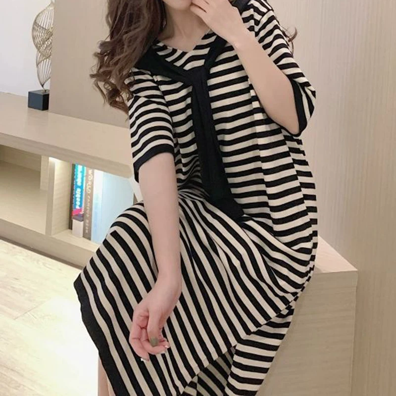 Sommer lose und dünne beiläufige gestreifte schal kleid frauen vintage kleid gestreift LOSE Gerade vestido feminino