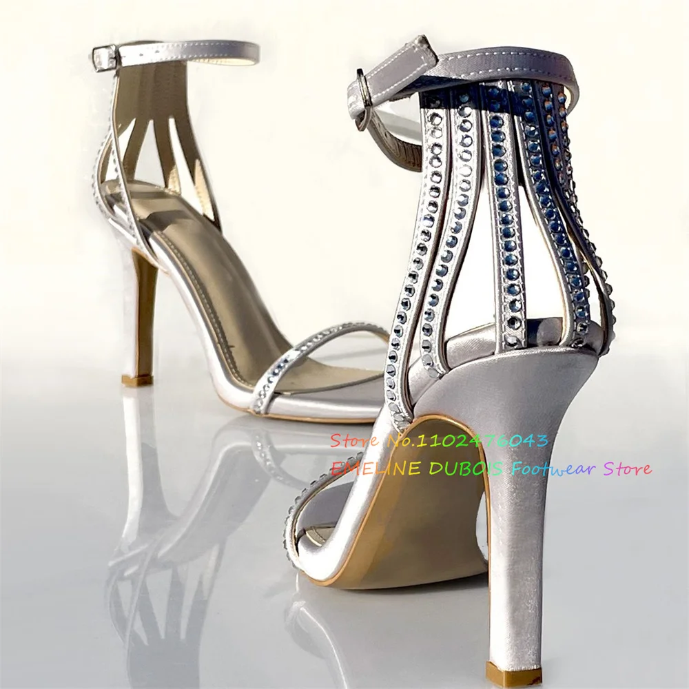 White Satin Crystal High Heel Sandals Womeb Sexy Square Toe Stiletto Heel Buckle Strap Elegant Banquet Wedding Dress Shoes