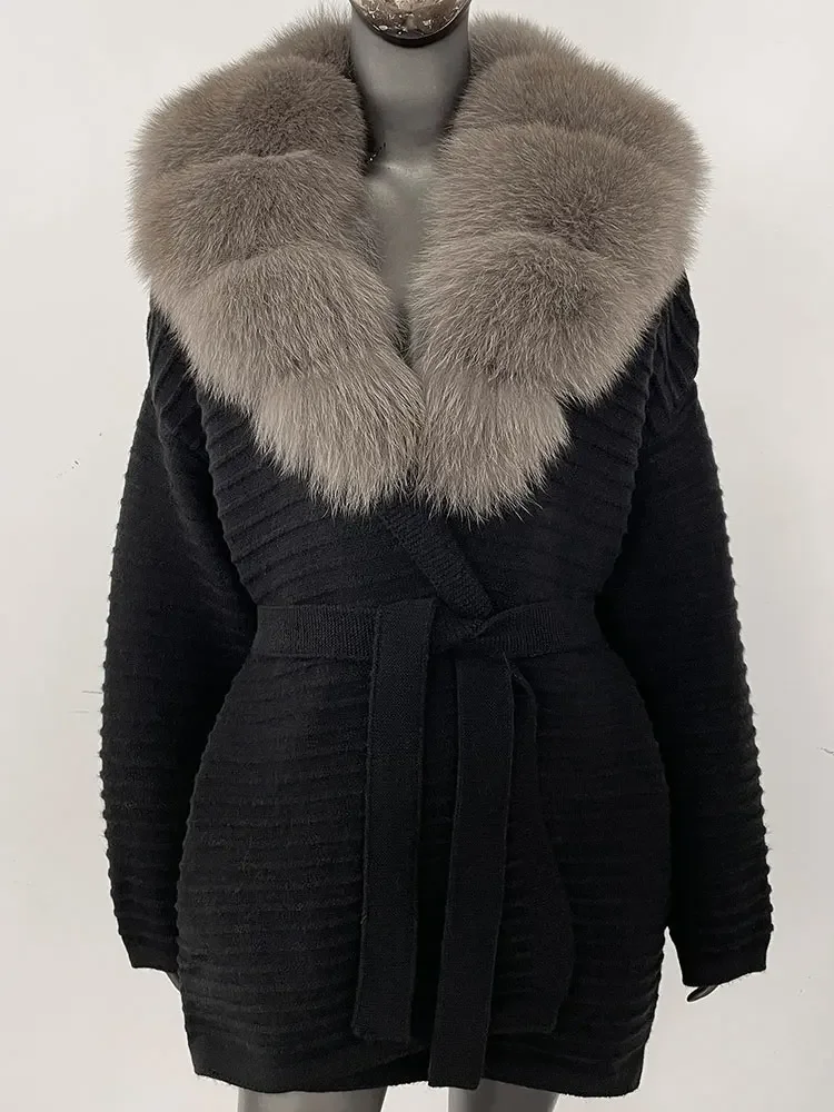 2025 جديد ربيع الخريف النساء الملابس ريال فوكس الفراء طوق سترة حزام الموضة تريكو الإناث المتضخم سترة مشغولة من الصوف