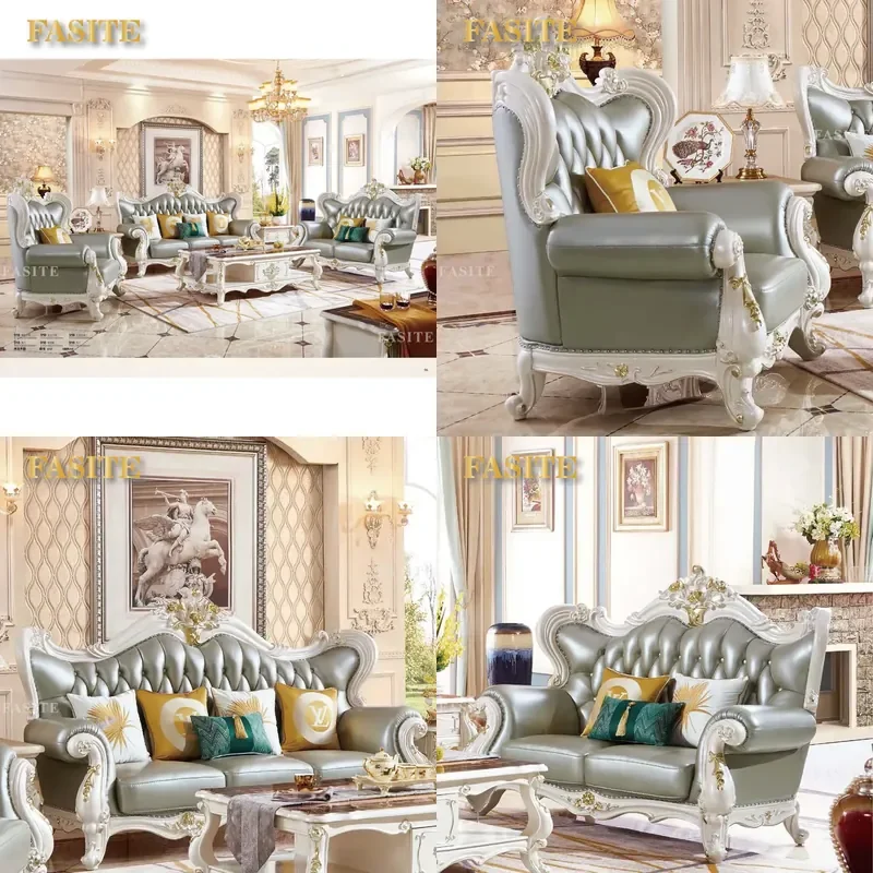 For French Luxury Carved Wooden Frame 1 2 3 Seater Sofa Set Classic Royal Genuine Leather Cushion Living Room Home Furniture