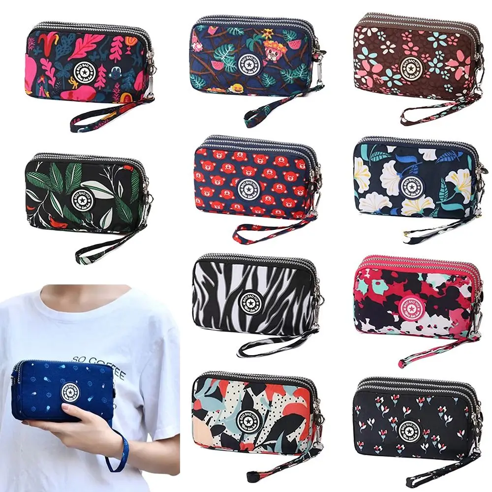 Universal Three Layers Coin Purse Oxford Cloth Large Capacity Print Flower Wallet Zipper Waterproof Pouch Purse