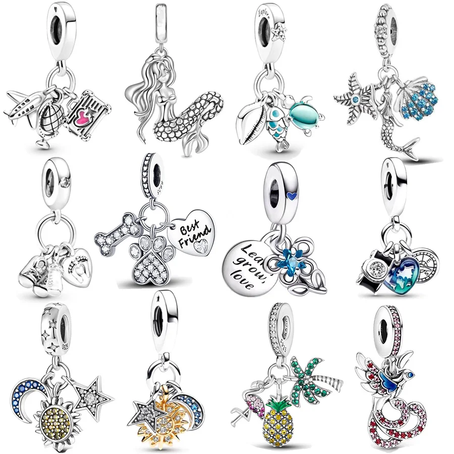 Hot Sale Mermaid & Two-tone Celestial Triple Dangle Charm Beads Fit Original European 925 Sterling Silver Bracelet Jewelry Gift