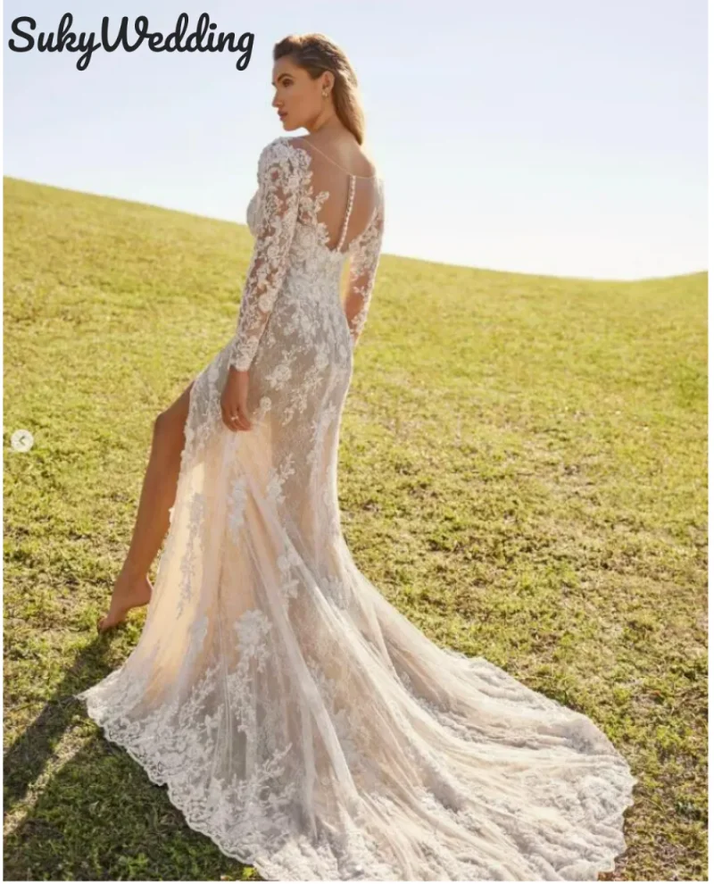 New Long Sleeve Mermaid Wedding Dresses Full Lace Appliaue Sheer Neck Outdoor Garden Country Bridal Gowns robe de mariée