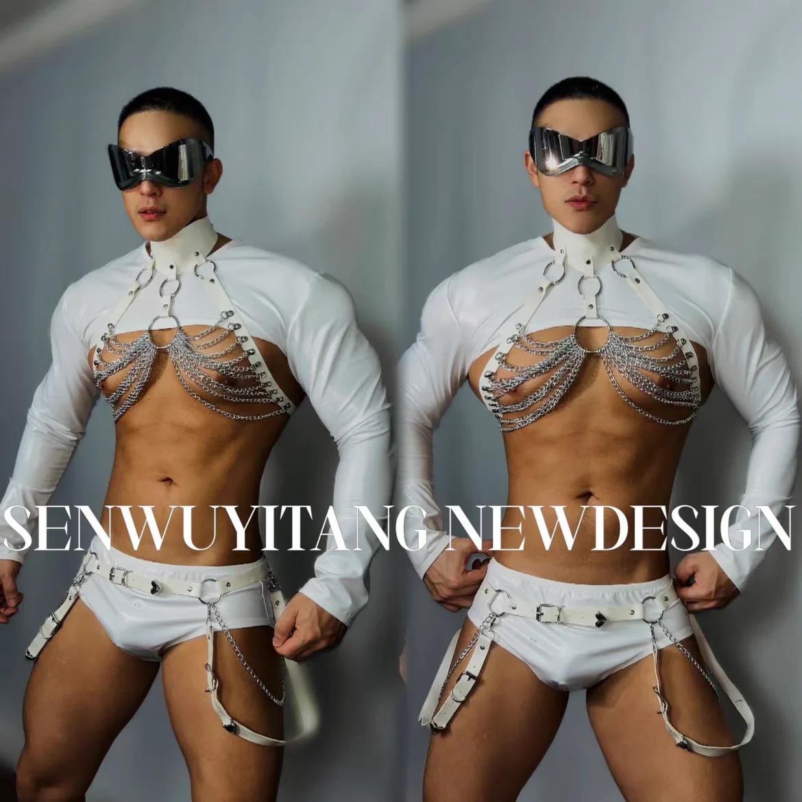 White Iron Chain Sexy Set Bar Nightclub Male Singer Leading Dance Stage Clothing Holiday Party Theme Show Model Runway Costume