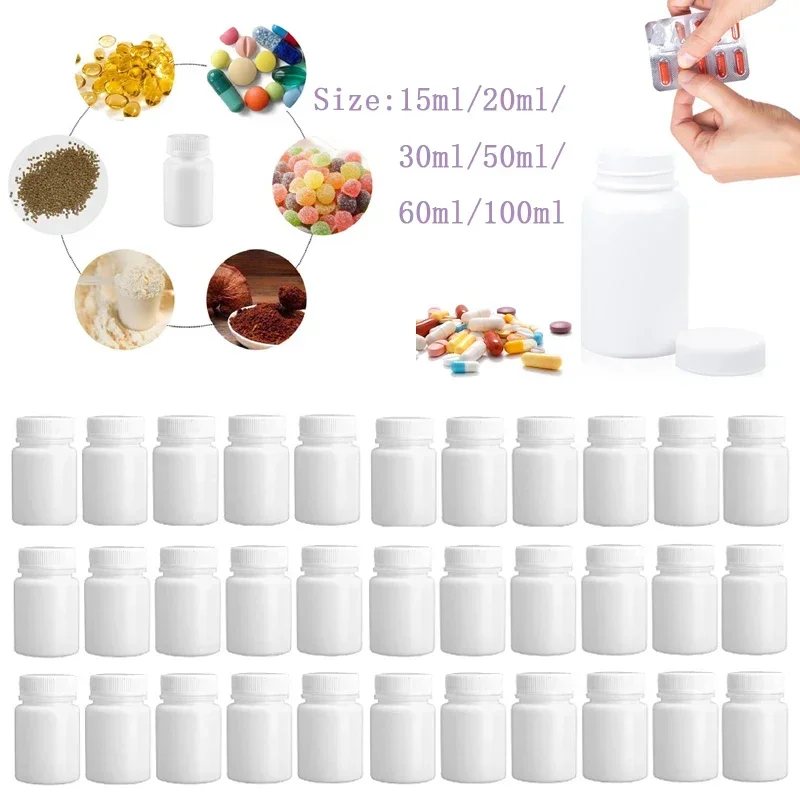 10Pcs 15-100ml White HDPE Plastic Pill Bottles With Lid Empty Refillable Travel Capsule Sample Container Powder Tablet Dispenser