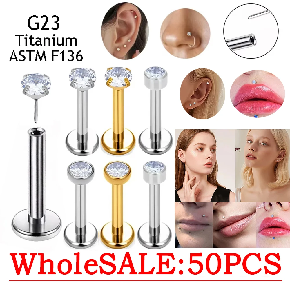 

50 шт., шпильки для ушей G23, титановый пирсинг, губная серьга-гвоздик, серьги-гвоздики для ушей, козелок, хрящ, спираль Daith, ювелирные изделия, оптовая продажа