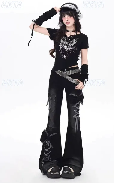 Dark Subculture Y2k Daily Sweet Cool Low Waist Bow Strap Micro Pull Jeans Spring Summer New Hot Girl Slim Black Horn Pants Women