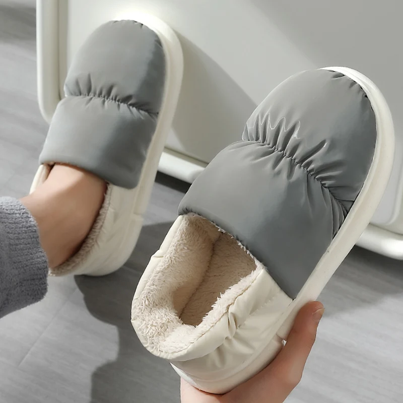 

Waterproof Down Cloth Thick Bottom Indoor Slippers Women 2025 Winter Warm Plush Non Slip Home Slippers Plus Size Couple's Slides