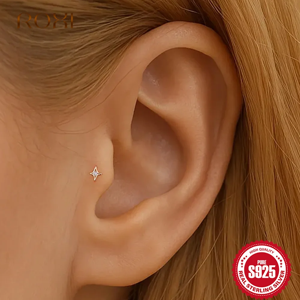 

ROXI 1 Piece 925 Sterling Silver Mini Quadrangular Star Zirconn For Woman Flat Back 18K Gold Ins Piercing Earrings Fine Jewelry