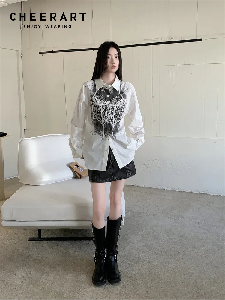 CHEERART Goth Y2k White Long Sleeve Shirt For Women Fall 2023 Fashion Button Up Collared Shirt Designer Top Autumn Clothes