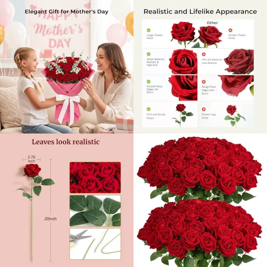 

Pcs Roses Artificial Flowers, Velvet Silk Faux Roses, Realistic Flowers for Mother's Day, Wedding Centerpieces, Cake, Bridal Bo