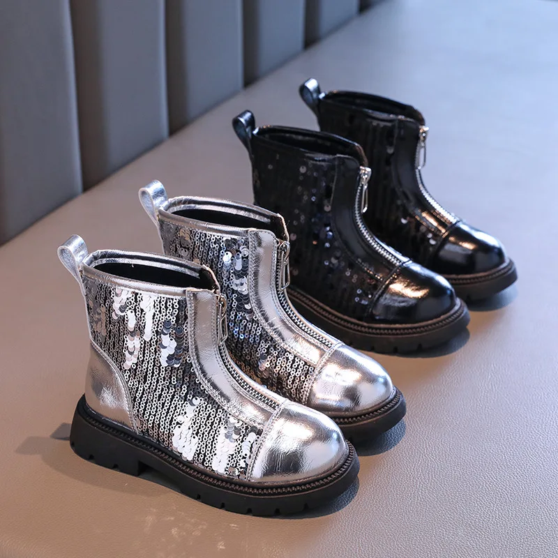 Autumn Girls Sequined Fashion Short Boots Princess Silver Bling Elegant Short Boots Children Fashion Front Zip High-top Boots