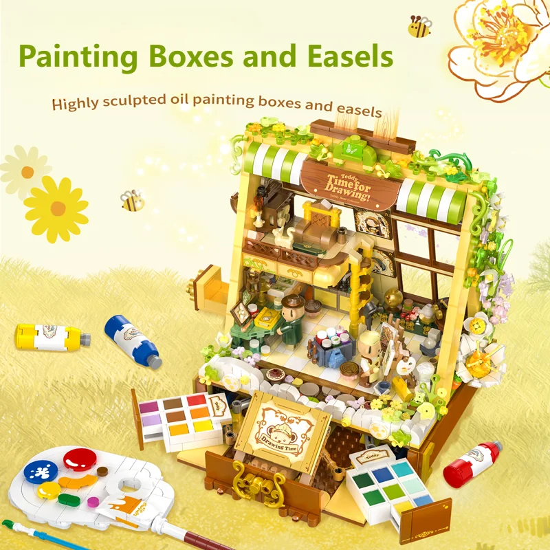 Kumamoto Bear Painting Boxes With LED Building Block Toy City Painting Easels Teddy Bricks DIY Puzzle Assembly Toys For Kid Gift