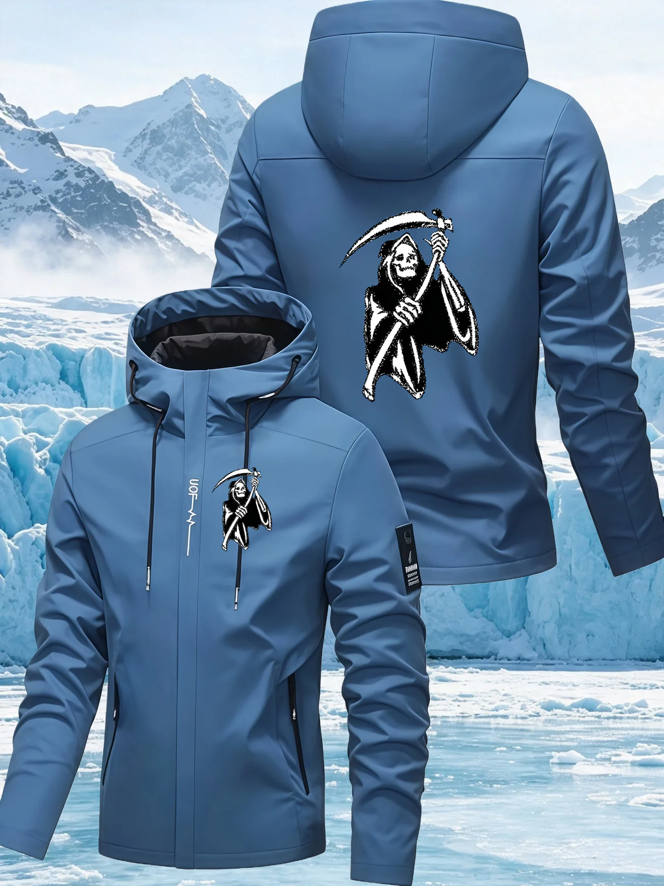 Men's Grim Reaper Scythe Print Hooded Jacket – Outdoor Hooded Windbreaker, Waterproof & Windproof, Spring/Autumn Workwear Coat
