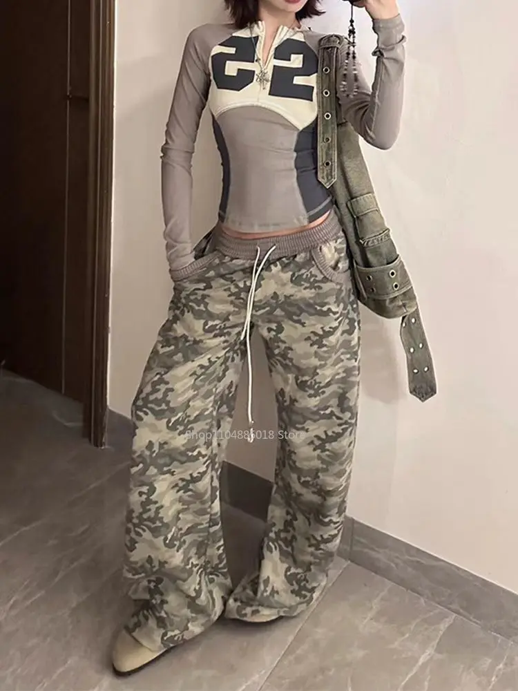

American Retro Streetwear Camouflage Cargo Pants Women High Waist Hip Hop Wide Leg Casual Trousers Ins Y2K 90s Pantalones