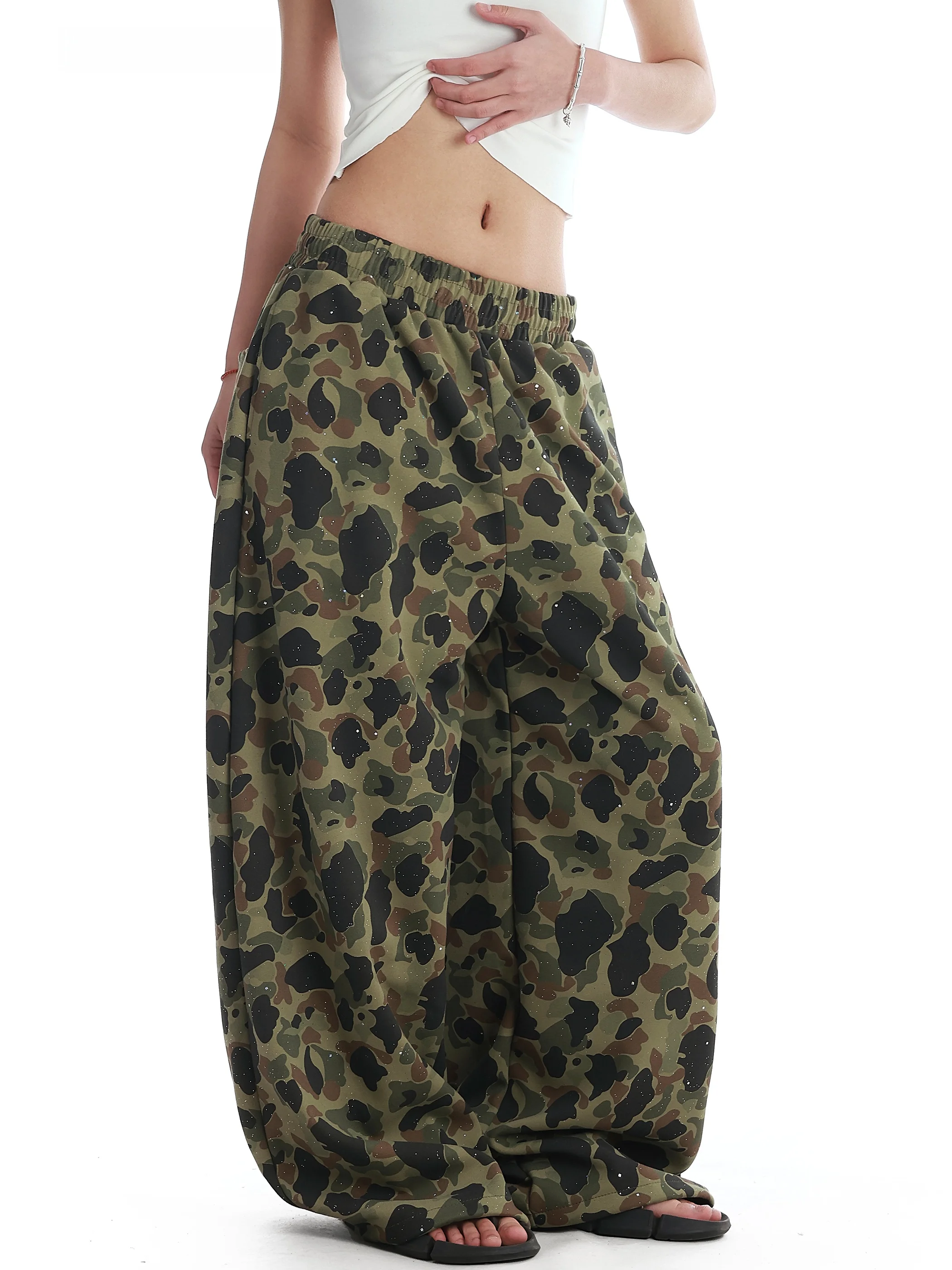 

American Retro Camouflage Elastic Waist Casual Pants Men Women Trendy High Waist Loose Straight Leg Wide Leg Floor Length Pants