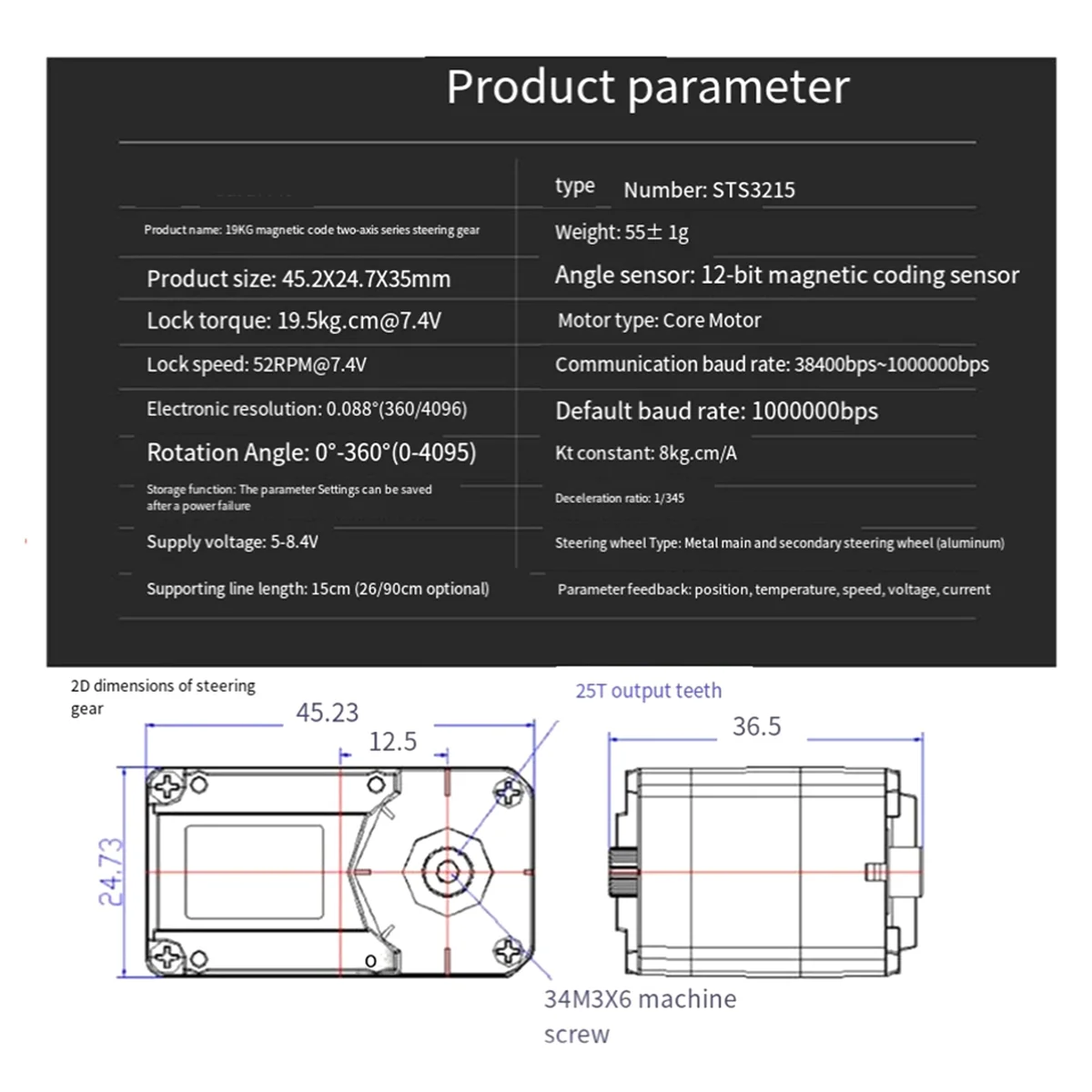 

Dual-axis Servo 7.4V STS3215 Servos for SO-ARM100 Robotic Arm 19KG High Torque-AA78