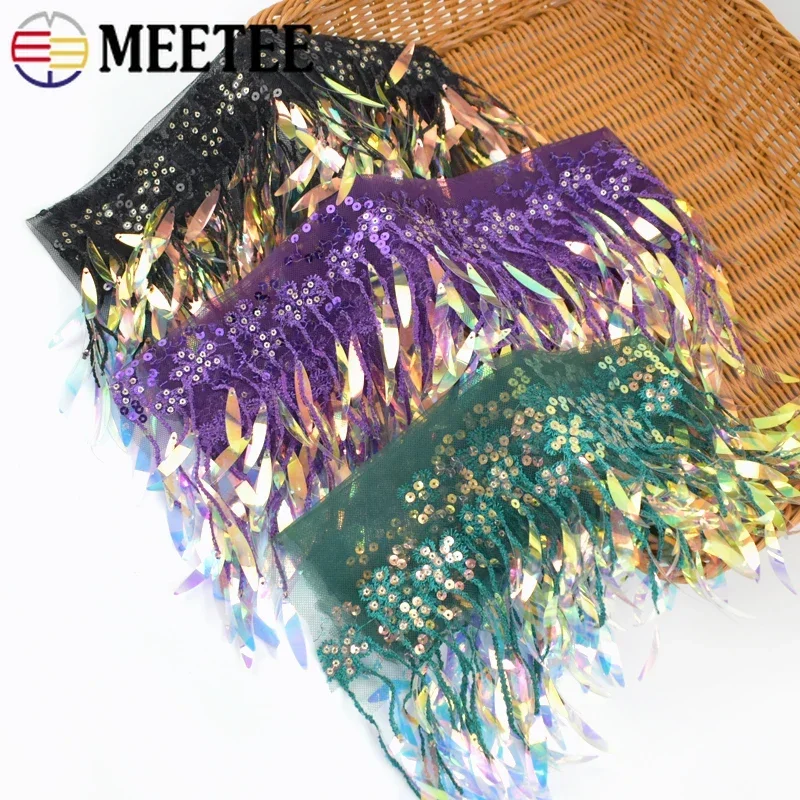 1/2/5Yards 15cm Sequins Lace Trim Mesh Tassel Fringe Stage Latin Dress Wedding Clothes Tassels Fabric DIY Sewing Accessories