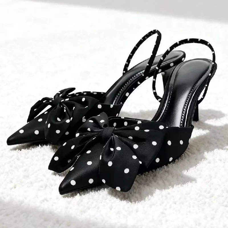 

New Designer Polka Dot Heeled Sandals Women Elegant Satin Bow Decoration Backless Dress Heels Ladies Luxury Wedding Bridal Pumps