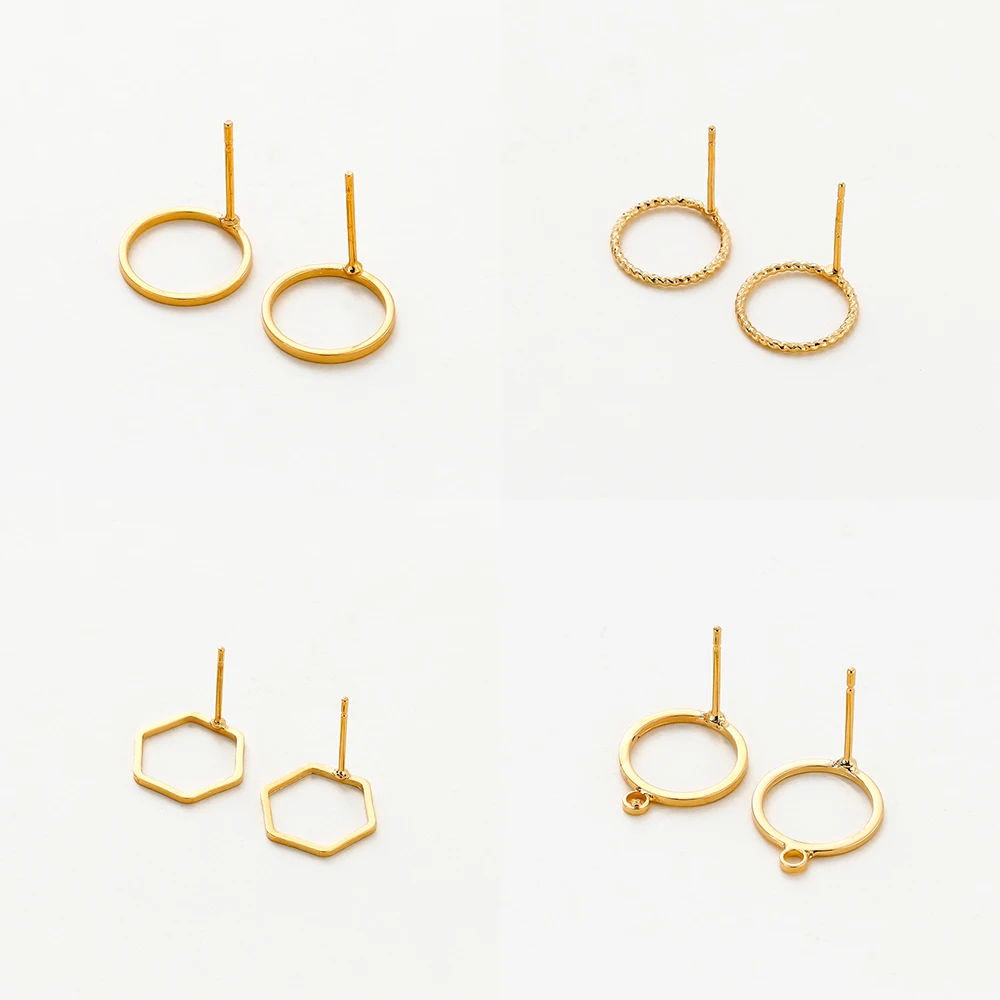 10Pcs 12mm 14K/18K Gold Color Plated Brass Round Ear Studs for Earrings Jewelry Making DIY Earrings Base Accessories